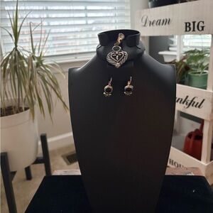 Retired Premier Designs "PD" Crown Filigree Heart Necklace & Earring Set